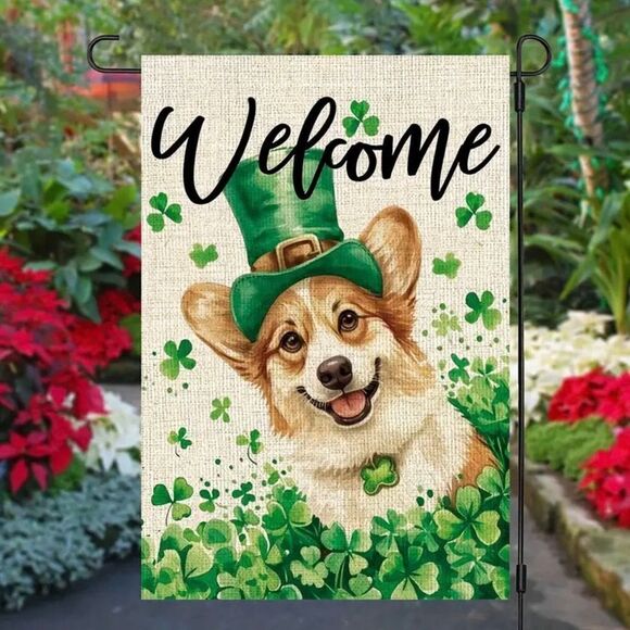 St Patricks Day Corgi Dog Garden Flag Shamrock Clover Welcome Yard Holiday Decor - Picture 2 of 5